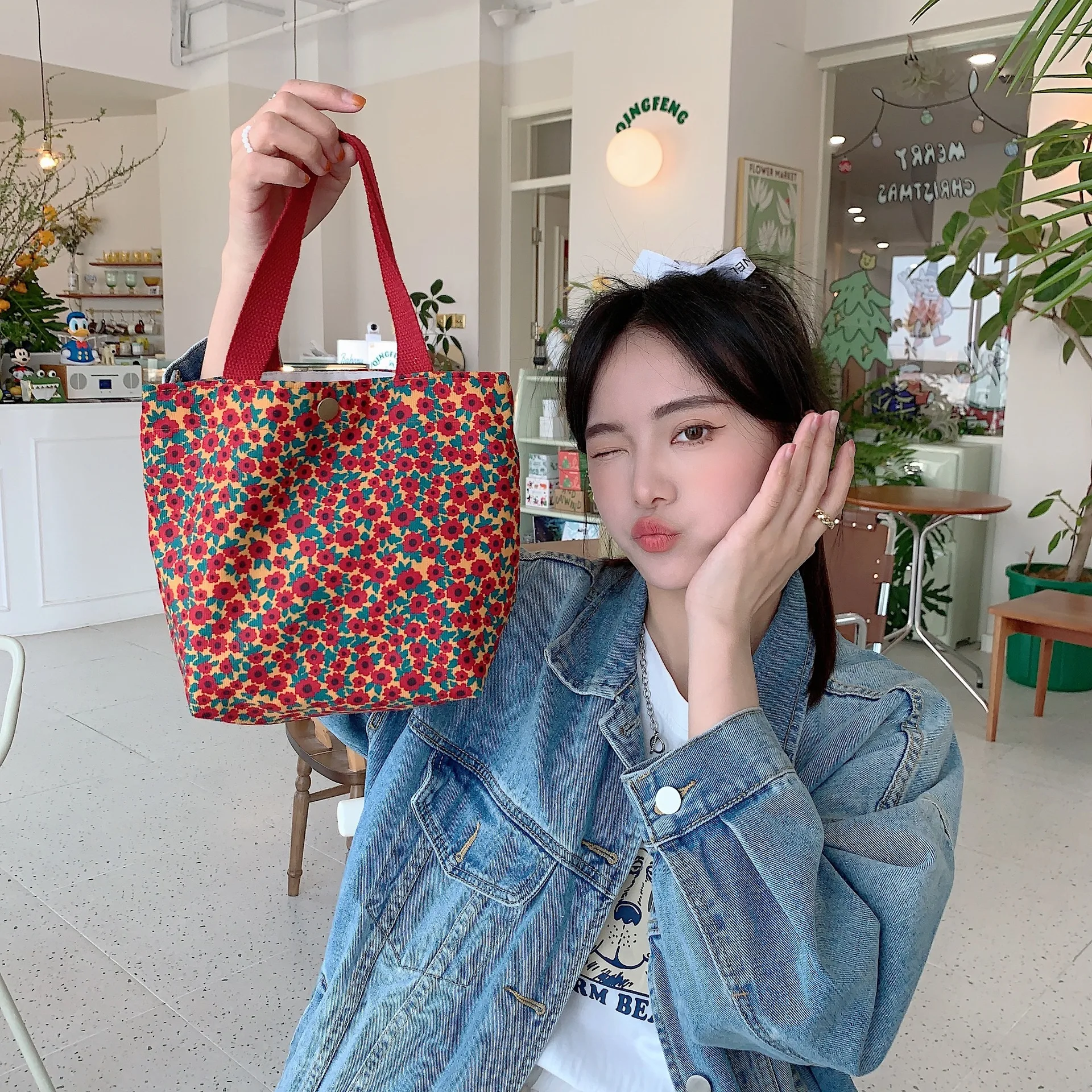 Corduroy Retro Women Small Tote Shoulder Bags Student Girls Lunch Bento Bag Hand Carry Shopper Bag Female Clutch Purse Handbags