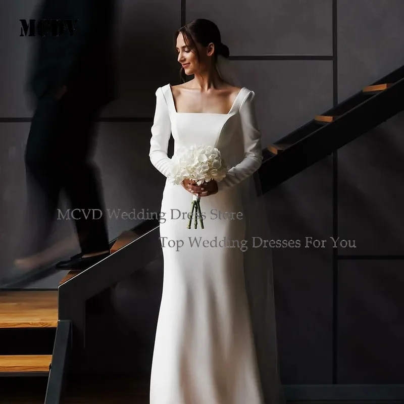 

MCDV 2025 Customized Elegant Long Sleeve Wedding Dress Women Square Neckline Civil Bridal Gown Modern Bridesmaid Dress