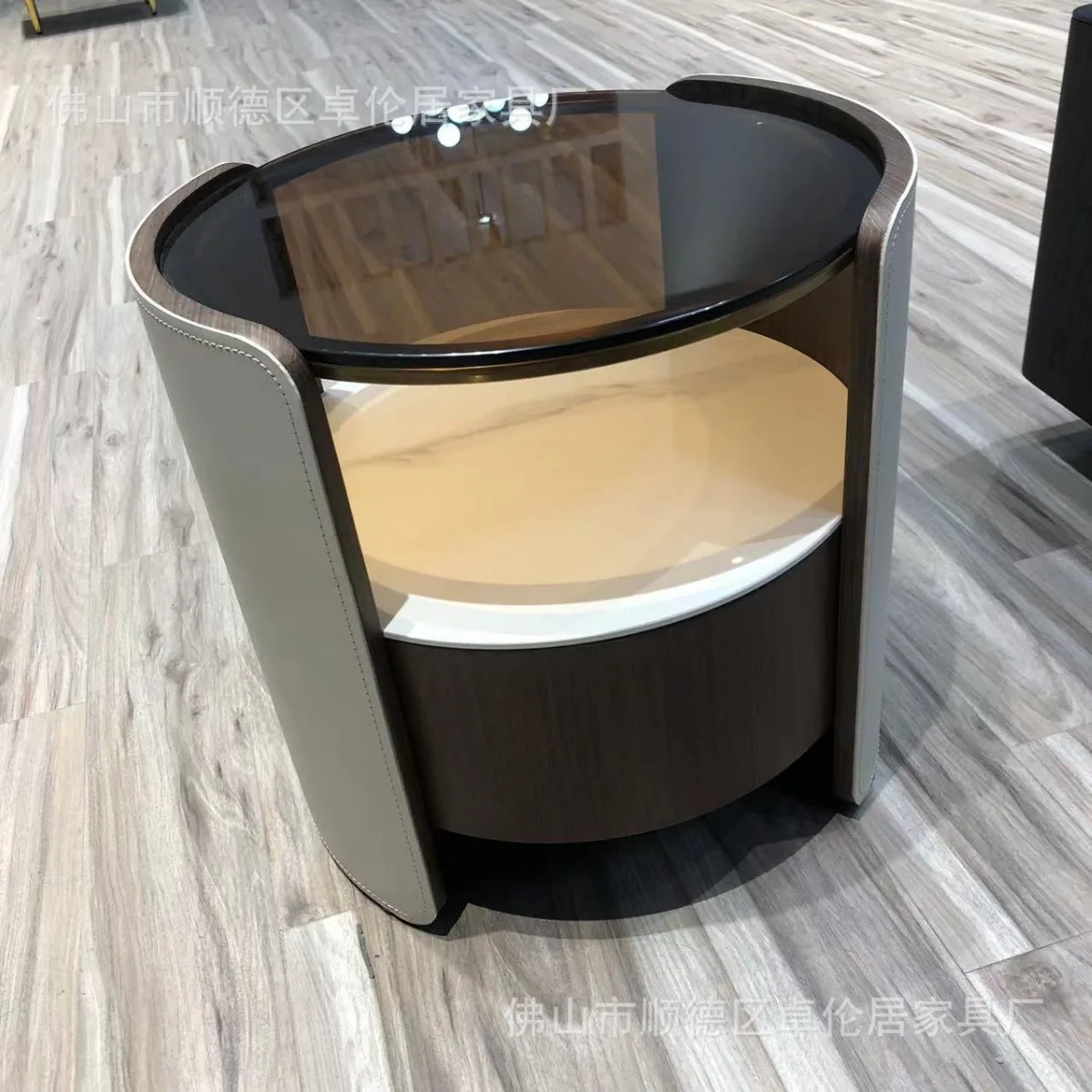 Italian saddle leather round bedside table modern small apartment high-end solid wood chest, bedroom bedside table storage cabin