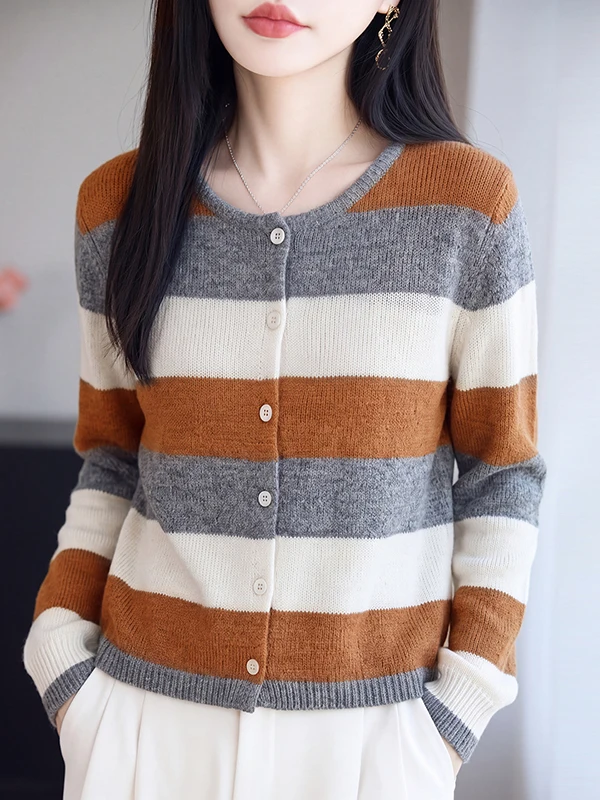 Soft Color Block Stripe Knitted Open Cardigan Women's round Neck Button Sweater Jacket Anti-Aging Slimming Base Layer Top