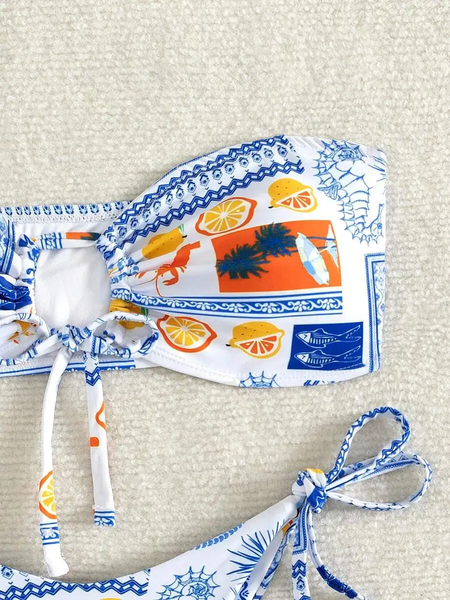 

Womens Summer Beach Fruit Print Bandeau Bikini Set With Adjustable Ties