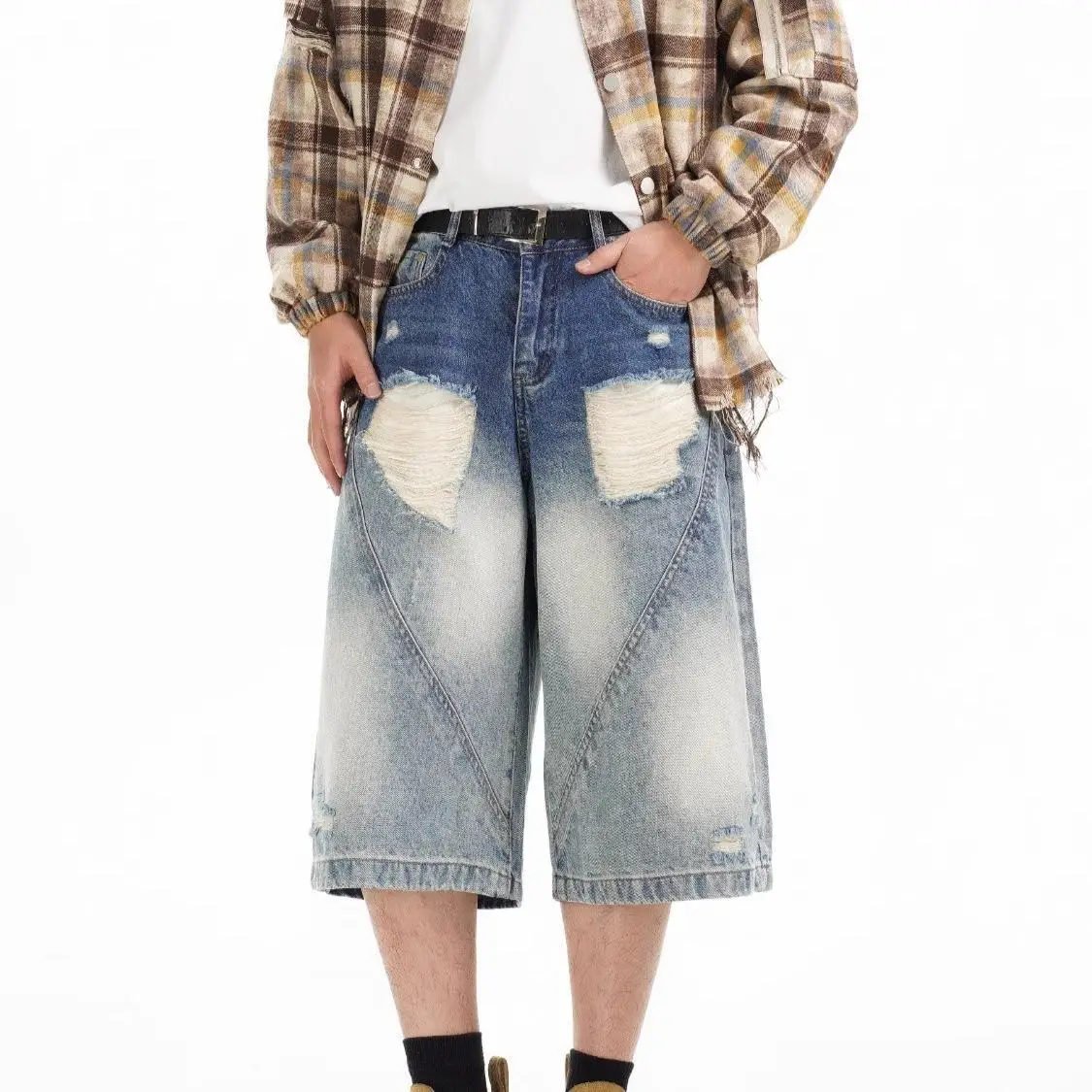 

Retro Gradient Ripped Seven Inch Men's Summer New High-end Jeans