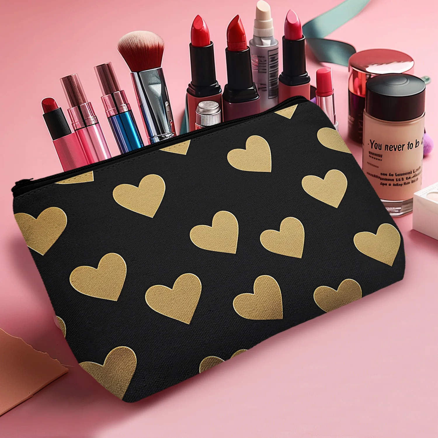 1 Pc Golden Heart Cute Beauty Travel Makeup Bag Cosmetic Bag Small Pouch Gift For Women Dating Home Outdoor B 8.66x5.51Inch