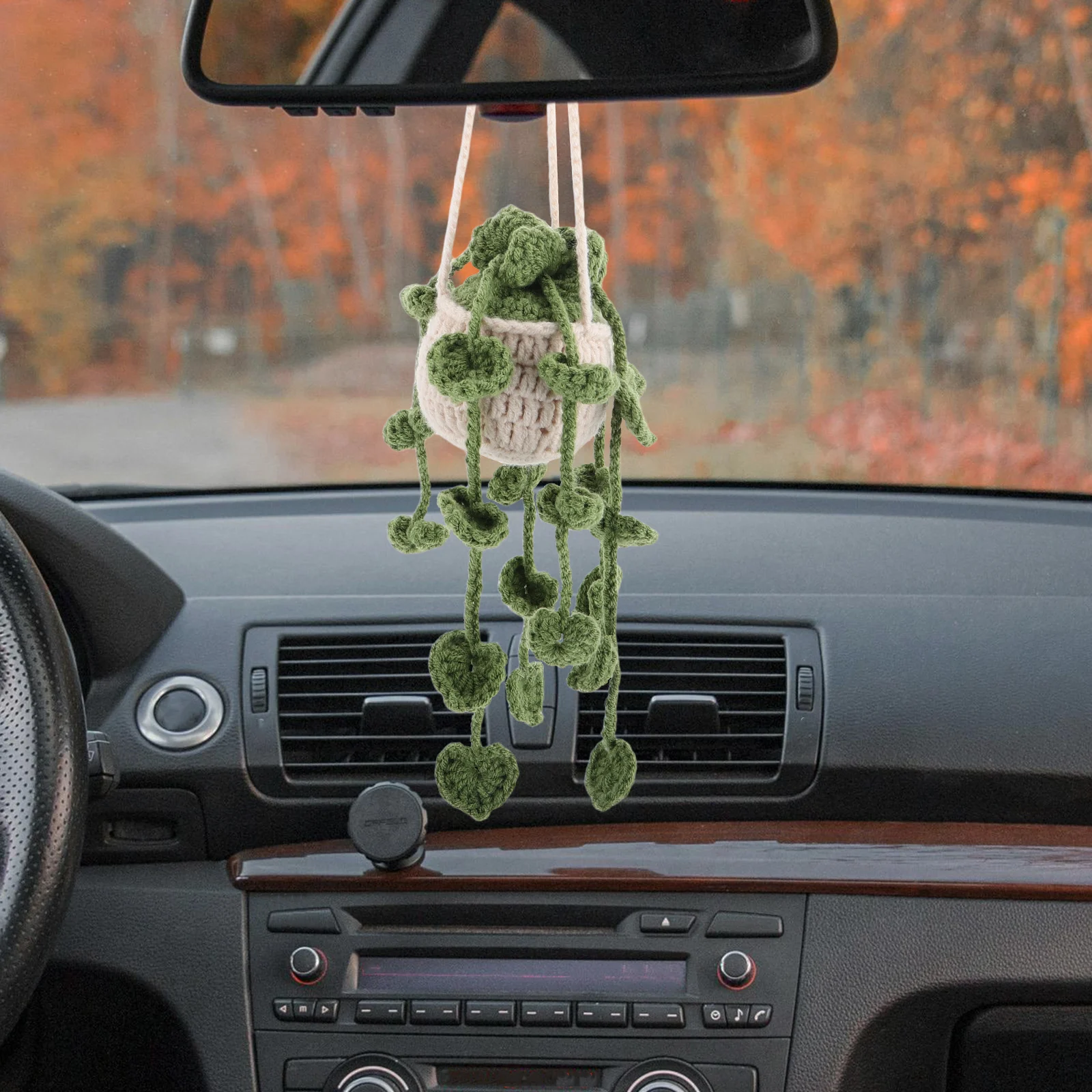 

Car Decorative Hanging Basket Pendant Rearview Mirror Accessories Space Saving Crochet naments Artificial Plants Car Interior