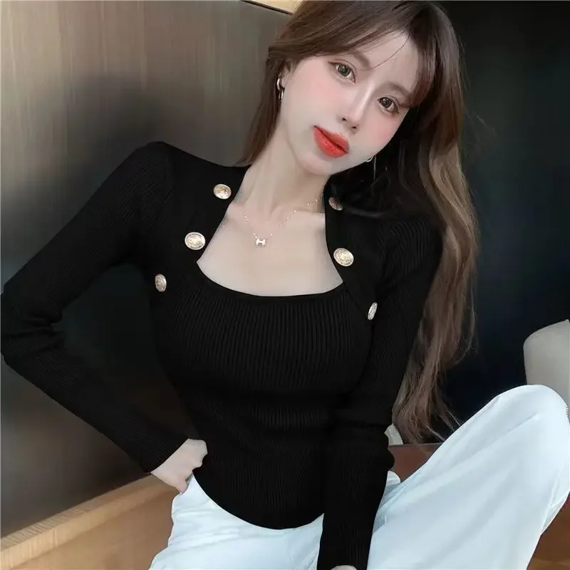 

Cropped Pullovers for Women Square Collar Long Sleeve Tunic Jumper Pull Femme Fashion Knitted Y2k Sweater Tops Pull Femme 2024