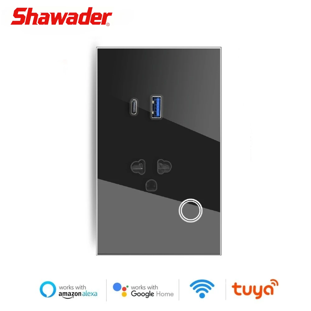 

Shawader WIFI Таиланд Розетка USB Type-C PD 30 Вт Tuya Умная розетка для США ЕС Plug Сенсорная стеклянная панель Пульт дистанционного управления от Alexa Google Home