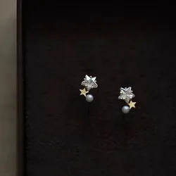 Cute Arc Size Star Zircon Pearl Stud Earrings 925 Sterling Silver 14k Gold Plated Earring for Women Temperament Simple Jewelry