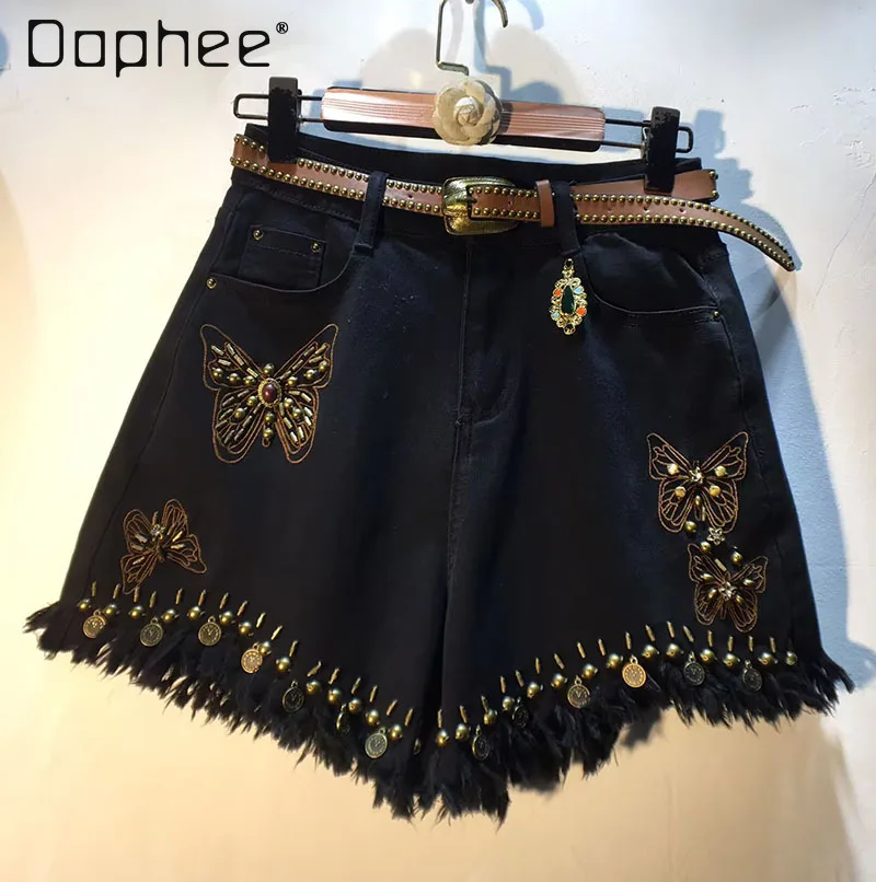 2024 Summer New Embroidery Butterfly Diamond Beaded High Waist Slimming Stretchy Burr Wide-Leg Denim Shorts Women Black Shorts