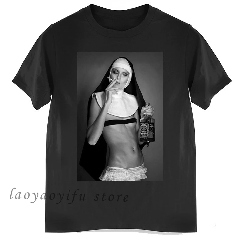 Nun Smoking Amp Drinking TShirt Bad Girls Popular Streetwear Women Men Harajuku Hip Hop Tops Oversized T Shirt  Retro T Shirt