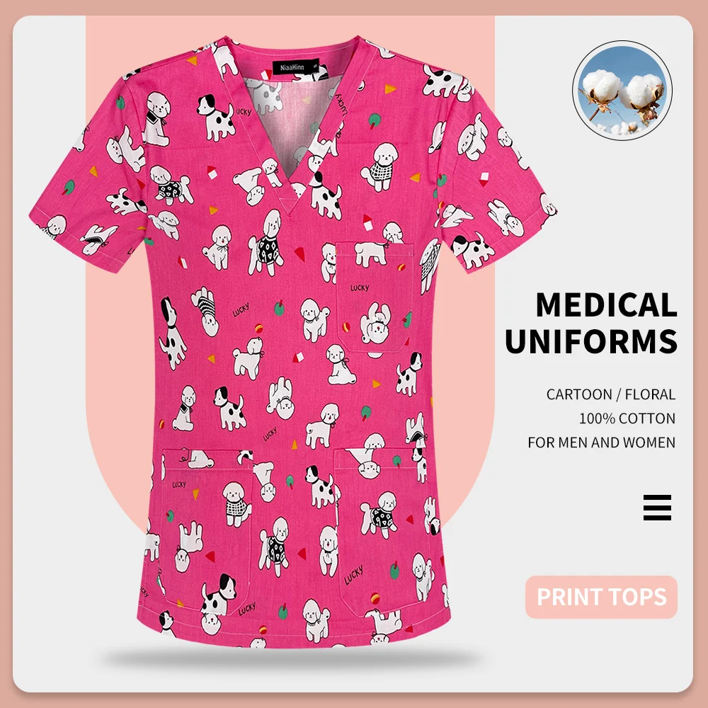 

Nurse Accessories Women Surgical Uniform Slim V-neck Blouse Doctor Work T-shirt Tops Cotton Cartoon Printed Medical Scrubs Tops