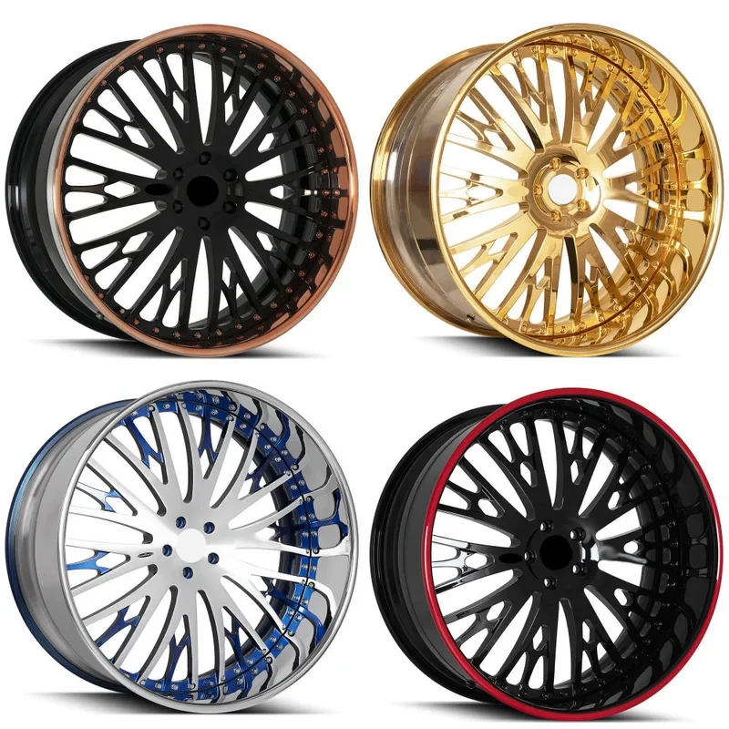 Automotive Tuning Wheel Parts, Concave Gold & Silver Two‑Piece Forged 6061‑T6 Alloy Rims 18‑24 Inch 5X112 5X120 Multi‑Fit For