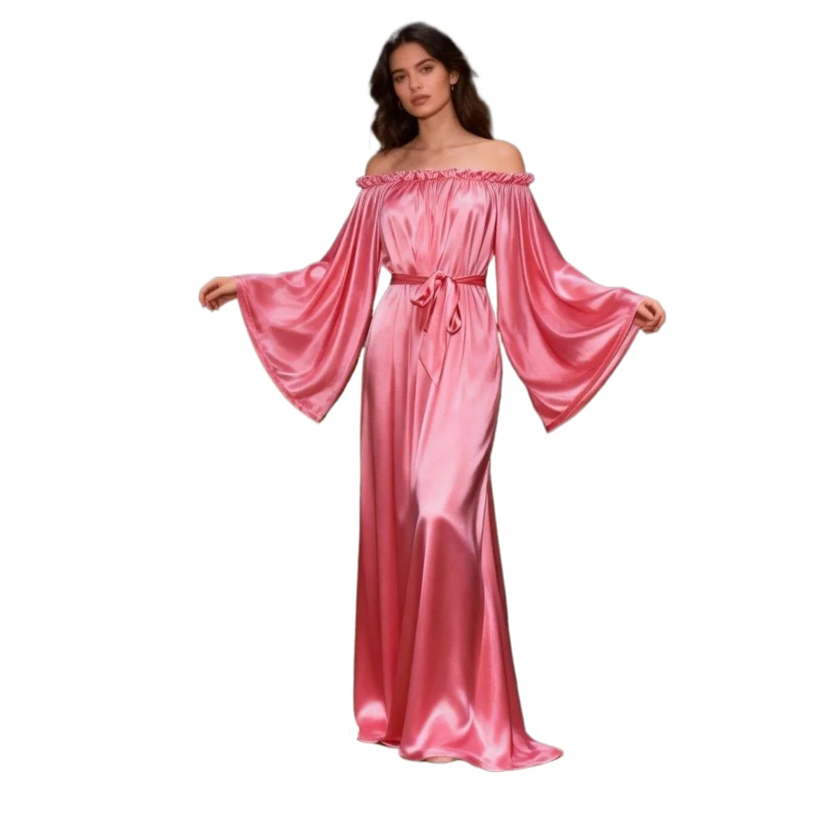

Maxi Dress Unisex Glossy Ice Silk Satin Long Dress Flare Sleeve Pullover Elegant Dresses Sleeping Wear Ruffled Floor-Length Dres