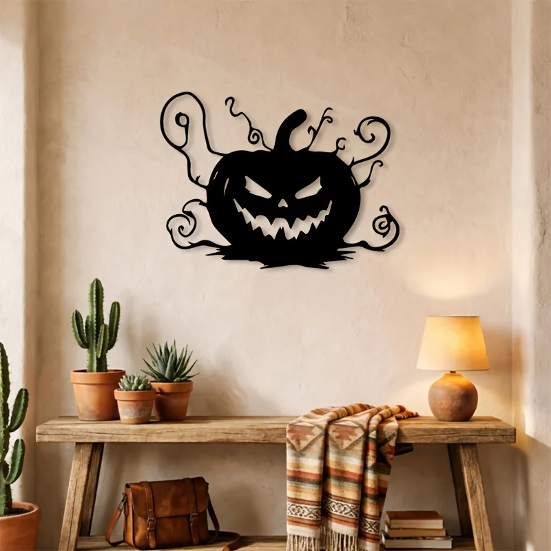 Ghostly Jack‑o'‑lantern Metal Wall Art, 2D Flat Laser Cut Halloween Silhouette Wall Sculpture, Spooky Gothic Style