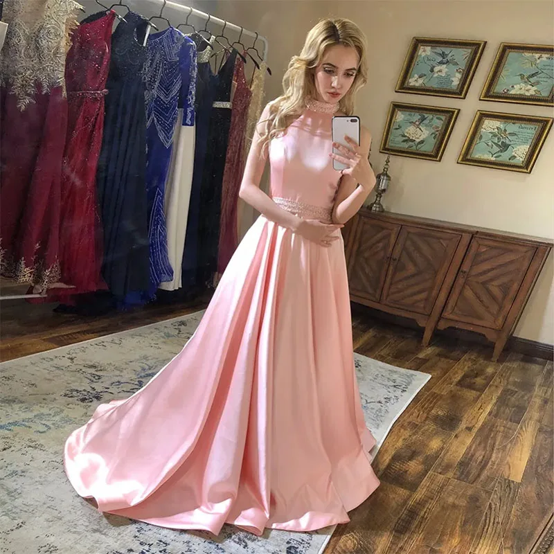 

2024 New Arrival Long Prom Dresses Pink Beaded High Neck Sleeveless Satin Floor-Length Formal Evening Dress Party Gown