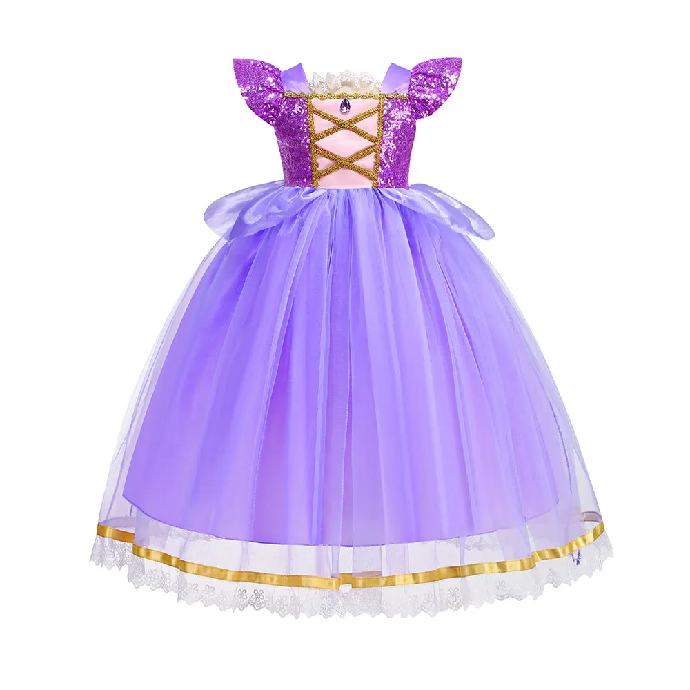 Flying Sleeves Girls Purple Sequined Princess Dress Large Back Bow Rapunzel Outfit Kid Role Play Costume Festival Parade Apparel