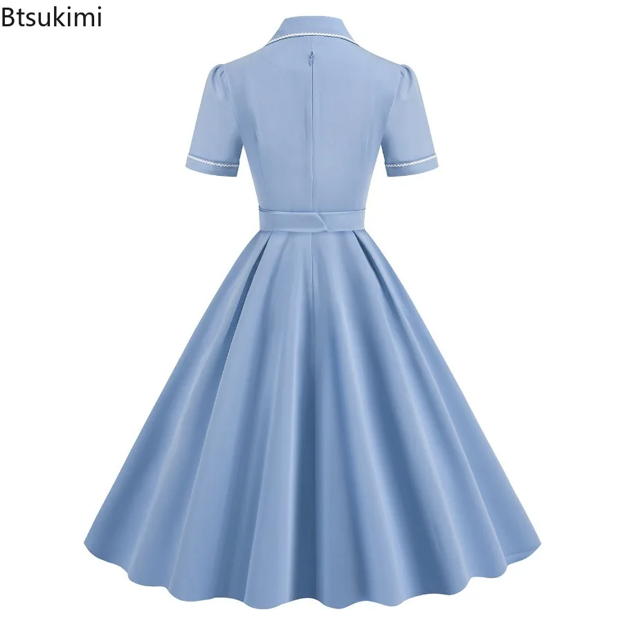 2025年新作 レディース ヴィンテージ ノッチカラー ポケット 無地 ロングワンピース カジュアル 夏 ボタンアップ エレガント スイングドレス