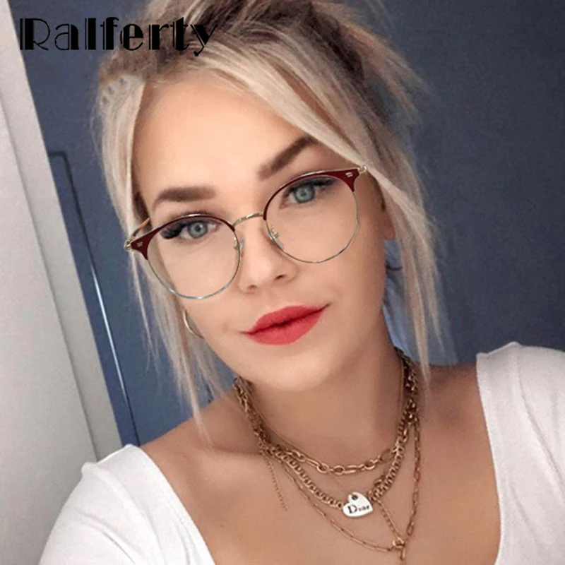 Ralferty Women\'s Glasses Round Metallic Eyeglass Frame Female Optic Prescription Glasses Frames 0 Diopter Spectacle Frames Oculo
