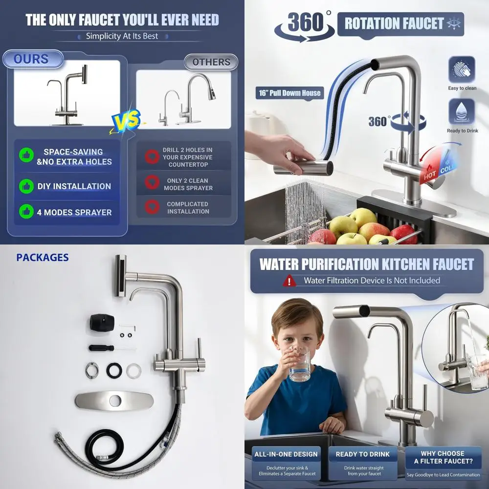 

Two-Handle Pull-Down Sprayer Kitchen Faucet with Drinking Water Filter, Brushed Nickel Finish, No Built-In Filtration