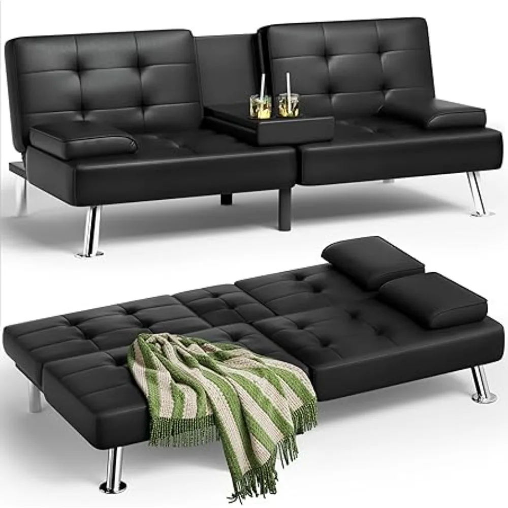 Futon Sofa Bed, Leather Futon Couch with Removable Armrests, Adjustable Recliner Sleeper Sofa Bed with Dual Cup Holders