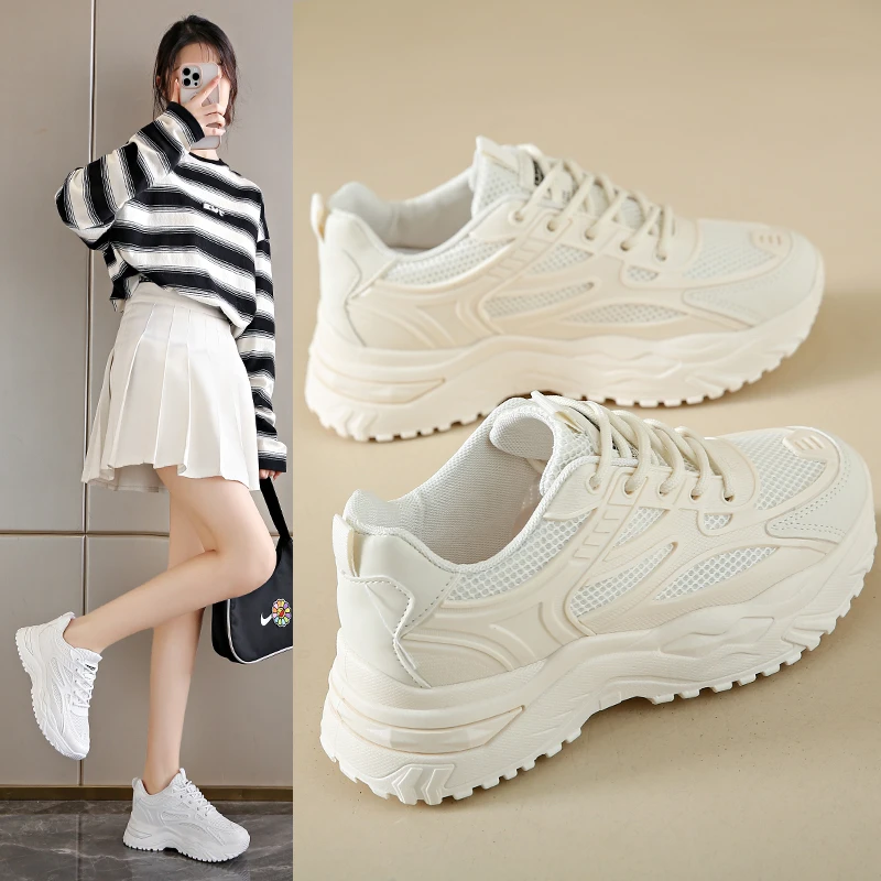 White Sneakers Women 2024 New Leather Chunky Sneakers Women\'s Sports Shoes Thick Tennis Vulcanized Shoes Basket Platform Shoes