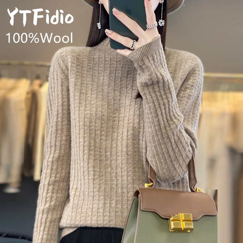 

YTFidio 100% Wool Women Diamond Check Half high collar Turtleneck Slim Sweaters Office Lady Solid Pullover Female Tops 91