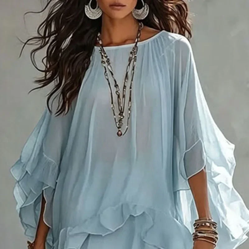 Elegant Multi-Layer Ruffle Maxi Dress Women Round Neck Flared Batwing Sleeve Loose Fit Bohemian Summer Beach Holiday Flowy Dress