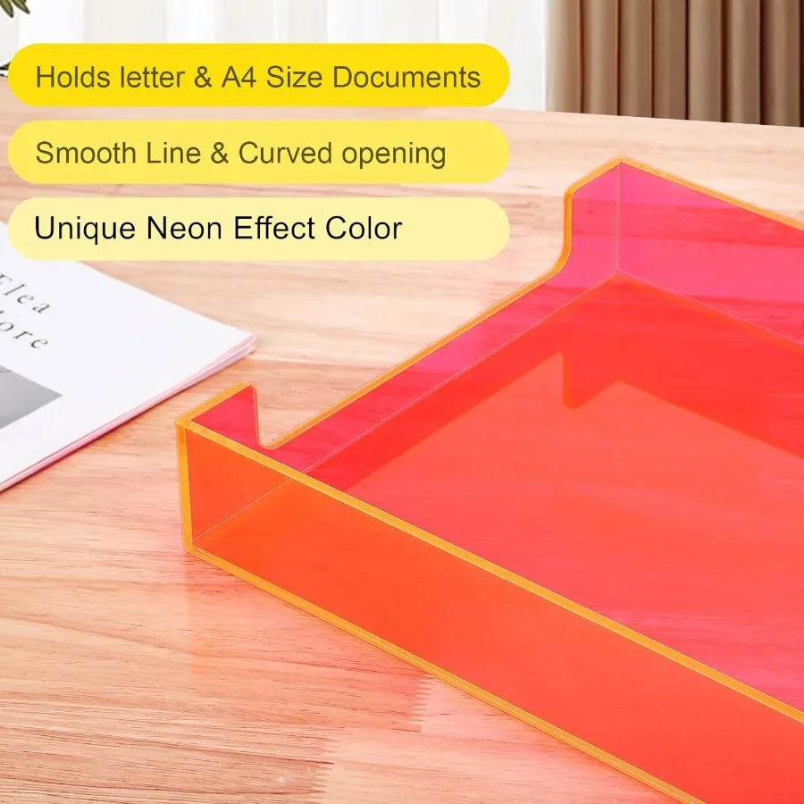 منظم صينية ورق أكريليك وردي نيون للمكتب مع تخزين مستندات A4 وحامل المجلات وصينية فرز الحروف المدمجة لـ #4