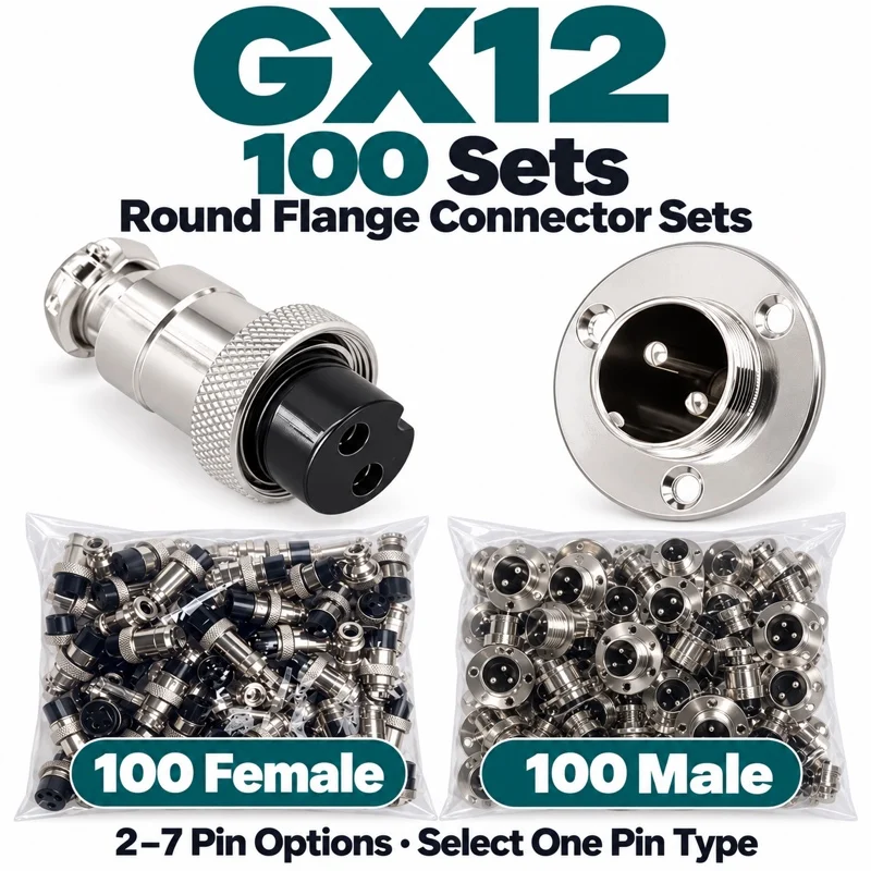 100 Sets GX12 Round Flange Aviation Connectors 2 3 4 5 6 7 Pin Male Female Panel Plug Socket Solder Wire Bulk Bag Pack Wiring