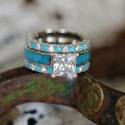 3 Pcs/Set Luxury Metal Set Square Zircon Rings Hand Set Green Stone Engagement Wedding Jewelry