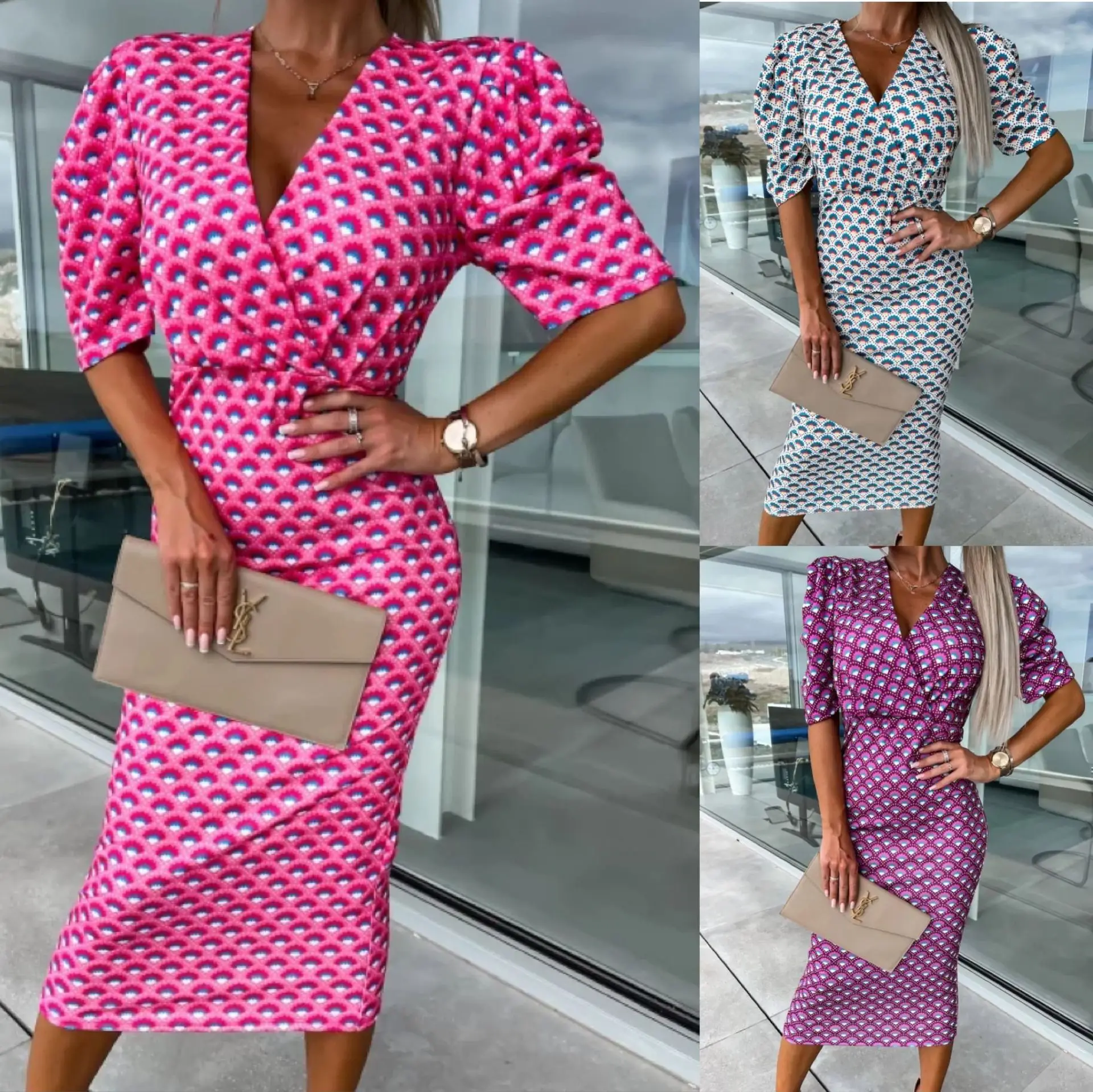 2024 Summer New Print MIDI One-step Dress Party Dresses Woman Длинные Платья Vestido Elegante Mujer Rock Damen Vacation Dresses