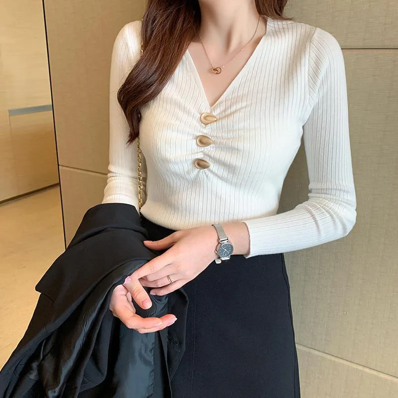 Women Clothing Fashion Elegant V-neck Pullover Autumn Winter Simplicity Cozy Commute Sweater Lady Solid Casual Soft Comfort Top