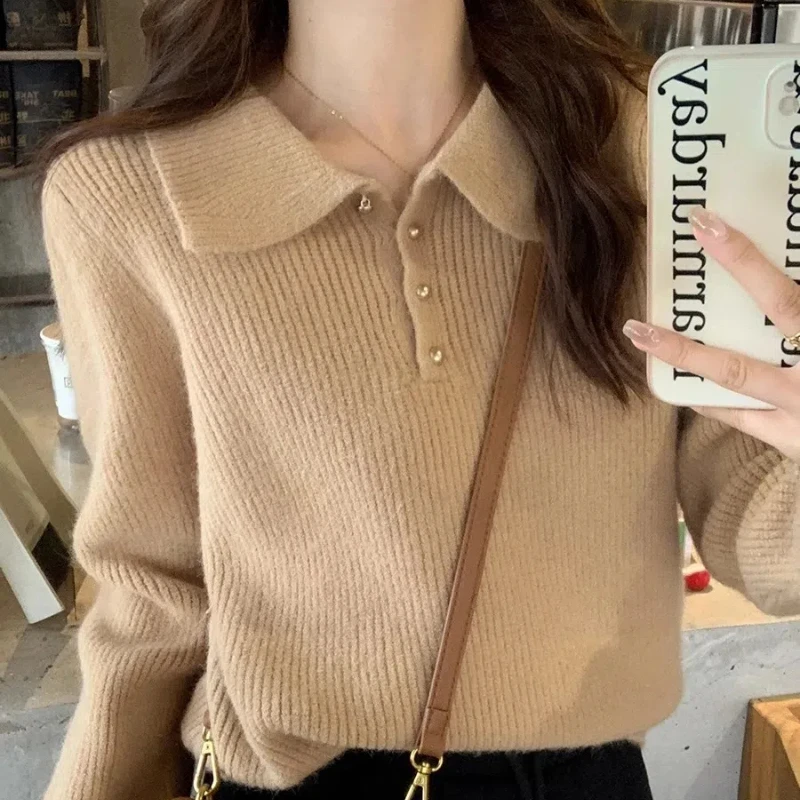 Autumn Winter New Fashion Turn-down Collar Long Sleeve Solid Color Pullovers Women\'s Clothing Button Patchwork Knitting Sweaters