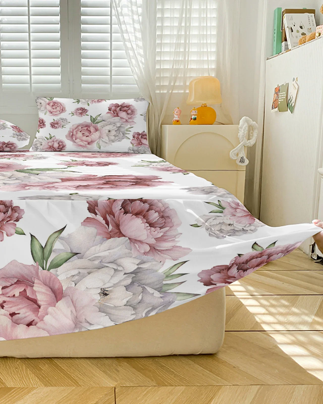 Imagem -05 - Colcha Elástica Equipada com Fronhas Flores Vintage Rosa Saia de Cama Branca Peônia Capa de Colchão