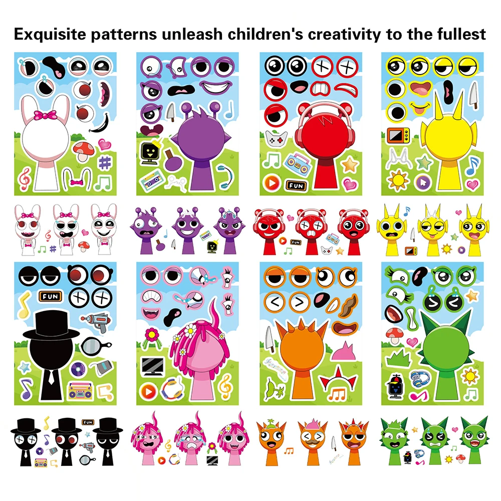 8/16sheets Fun Sprunki Make a Face Puzzle Stickers Make Your Own DIY Game Children Cartoon Jigsaw Education Toy Gift image 3