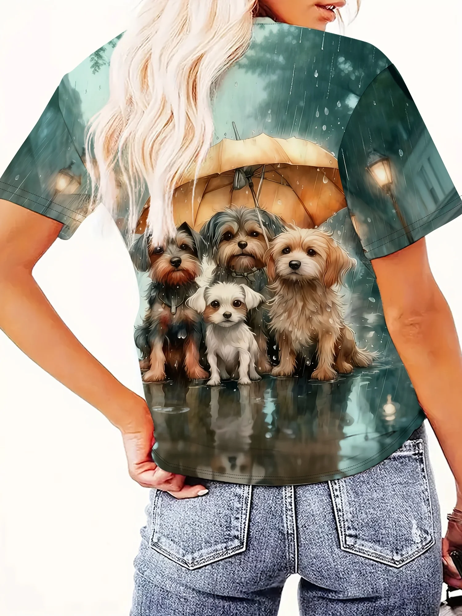 Women's T‑shirt Artistic Pet Animal Scene Graphic Short Sleeve Round Neck Cute Tee Tops Summer Everyday Wear Women Apparel