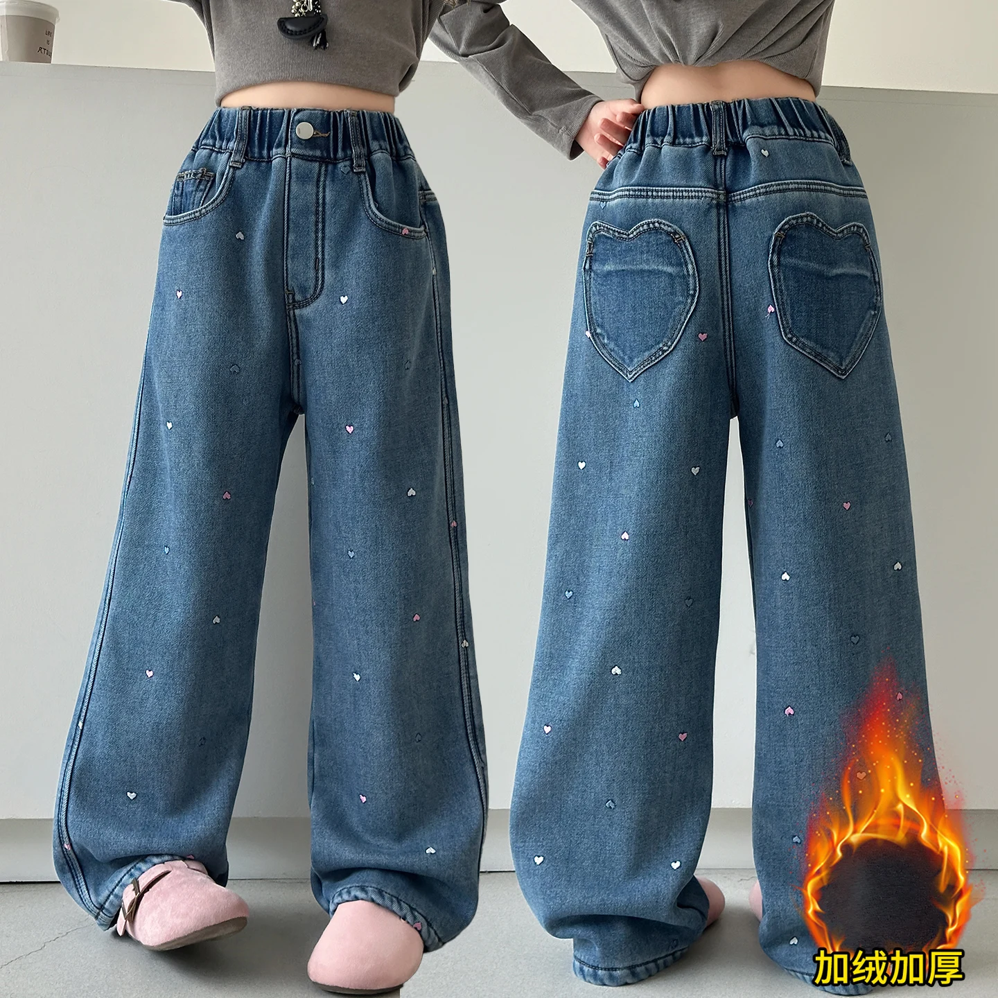 4 8 10 12 14 winter teen girls plush Colorful Embroidered Love Jeans junior kids Thick velvet denim pants child trousers clothes