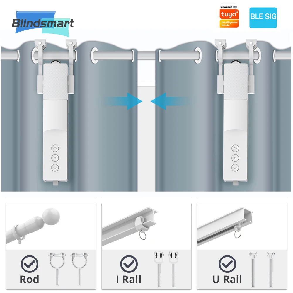 Blindsmart Tuya BLE Electric Curtain Robot Rechargeable Motor For Roman Rod I Type U Type Track Alexa Google Home Control