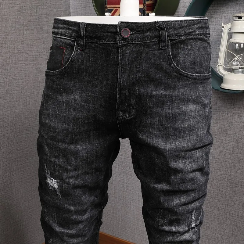 Fashion Vintage Men Jeans Retro Washed Black Gray Elastic Slim Fit Ripped Jeans Men Korean Style Designer Denim Pants Hombre
