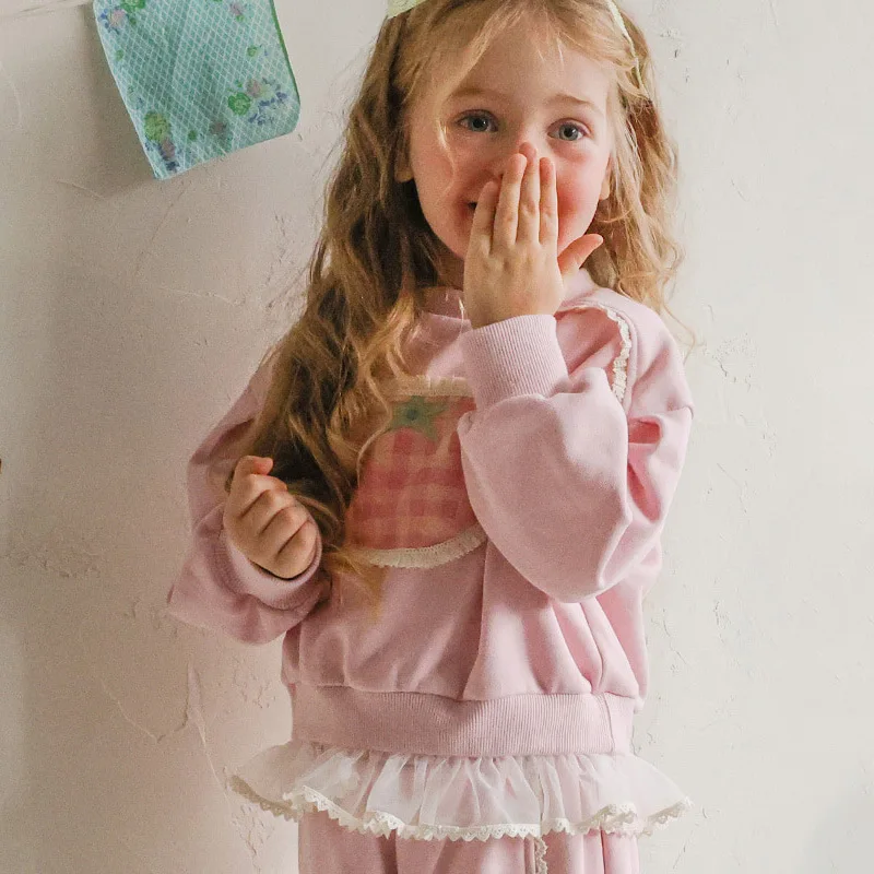 

2026 Spring New Product Korean Children's Girls' Elegant Lace Cute Printed Round Neck Loose Hoodie