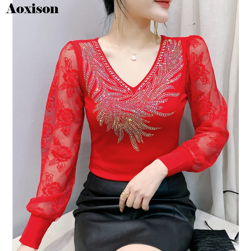 

European Station Women Clothes 2025 Spring New Hot Diamond Tops Long Sleeve Patchwork Lace Shirt Casual T Shirt
