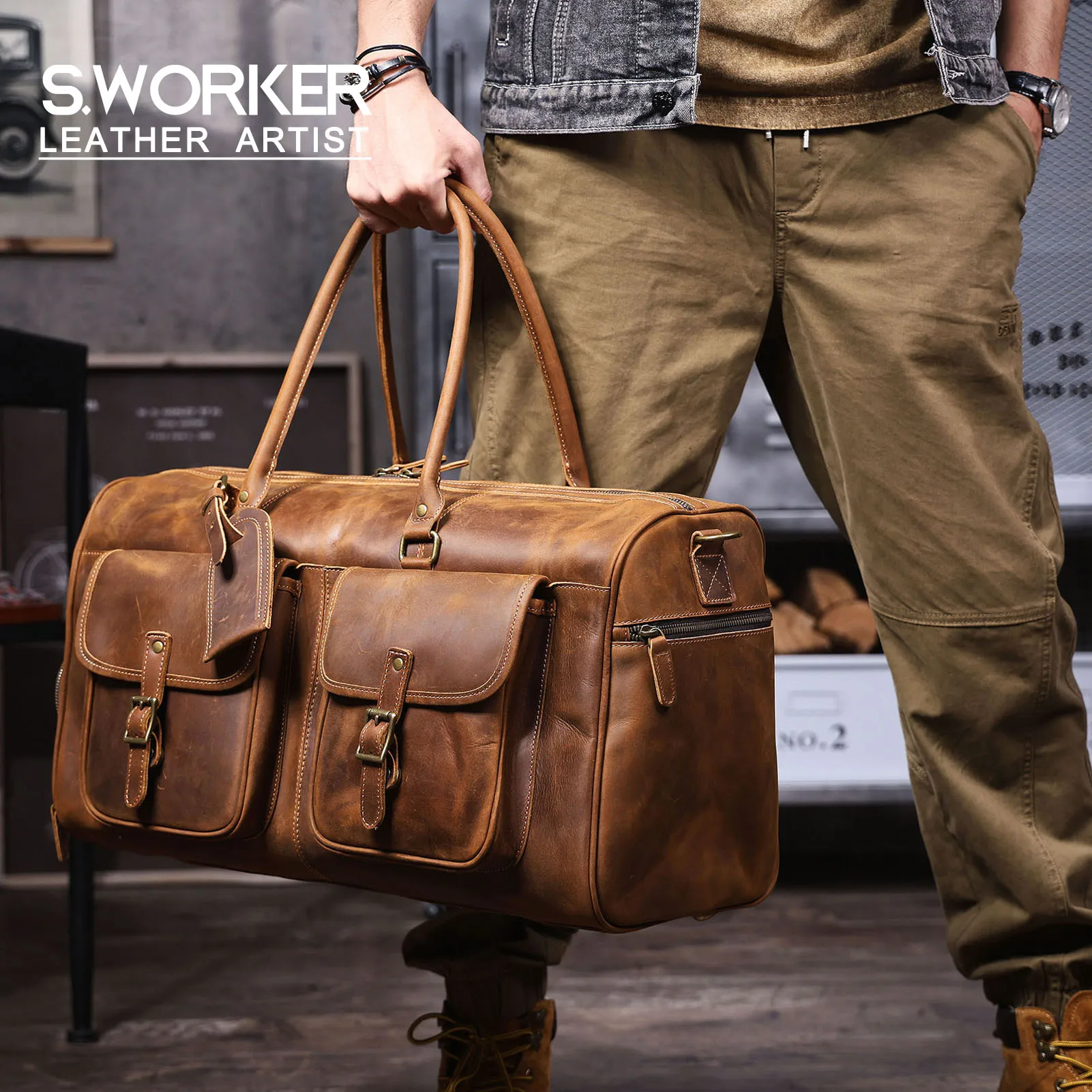 S.WORKER Vintage Echtleder-Reisetasche aus Crazy-Horse-Rindsleder, handgefertigte Weekender-Tasche, Sporttasche – Detail 2