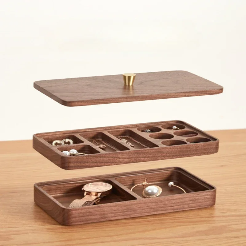 Solid Wood Jewelry Box Brass Embellishments Round Smooth Organizer for Earrings and Necklaces