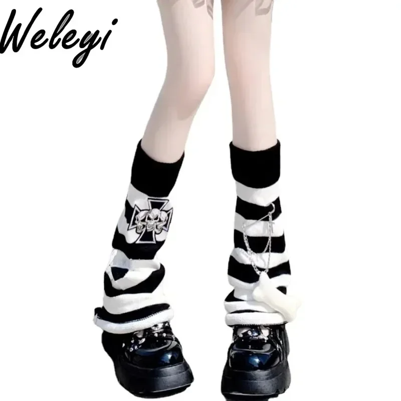 Y2k Jirai Kei Women's Middle Tube Socks Autumn and Winter Subculture Original Sweet Girl Black Grey Stripe Bone Lower Leg Socks