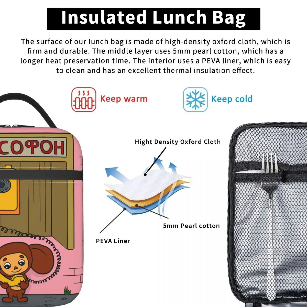 Cheburashka Cartoon Insulated Lunch Bag Lunch Container Reusable Thermal Cooler Lunch Box School