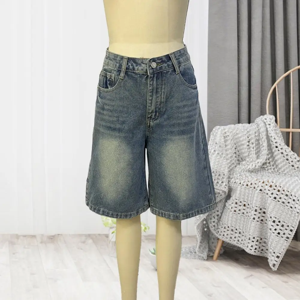 Pockets Knee Women Denim Shorts Classic Denim Shorts Women's High Waisted Bermuda Jean Shorts Wide Leg Baggy Denim Jorts with