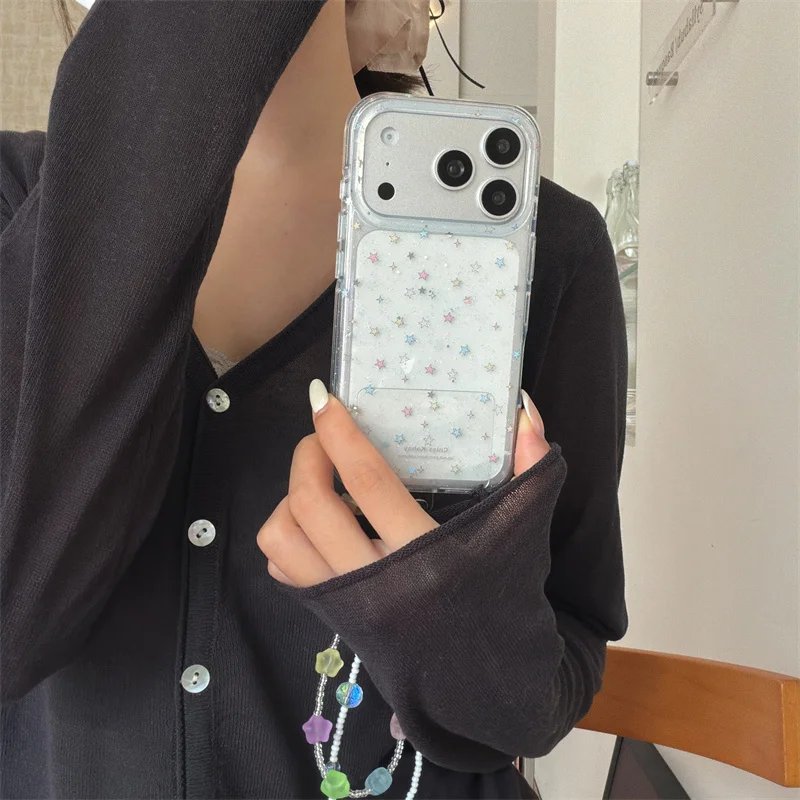 

Sweet Starry Glitter Clear Case For iPhone 16 15 14 Pro Max Kawaii Beaded Wrist Strap Shockproof Protective Cover For Girls fund