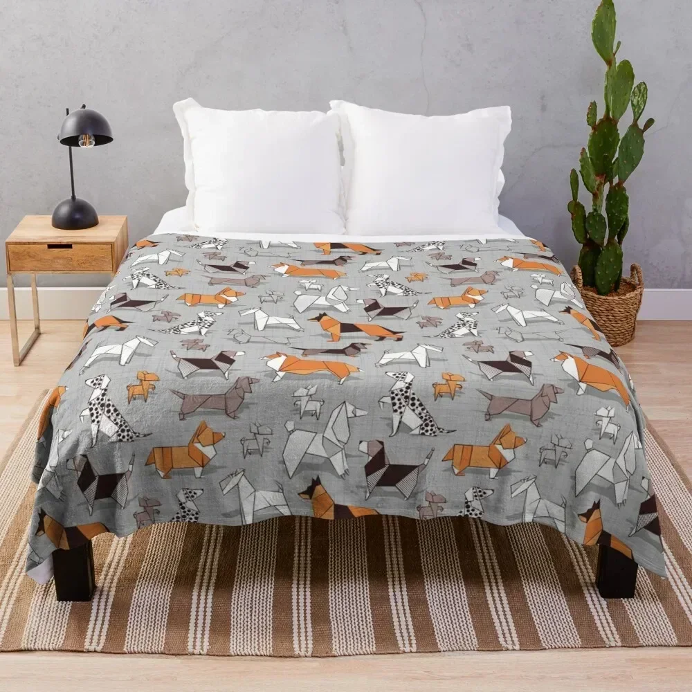 

Origami doggie friends // grey linen texture background Throw Blanket Retros For Sofa Thin Sofa Throw Decorative Sofa Blankets