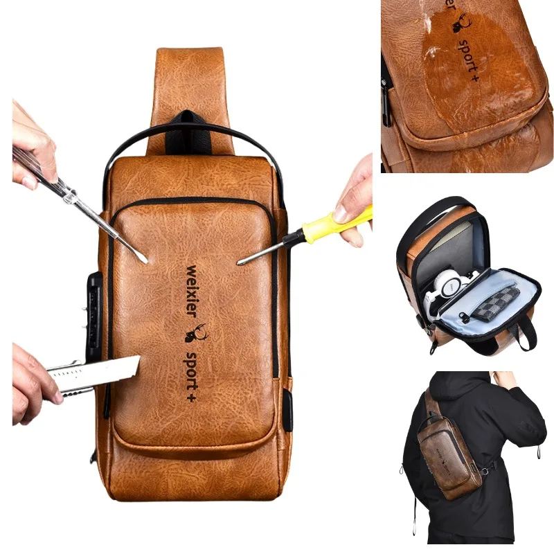 WEIXIER New Men Retro Casual Anti Theft Lock Large capacity brand PU leather Crossbody Bag Casual Shoulder Chest Man Waist Bags