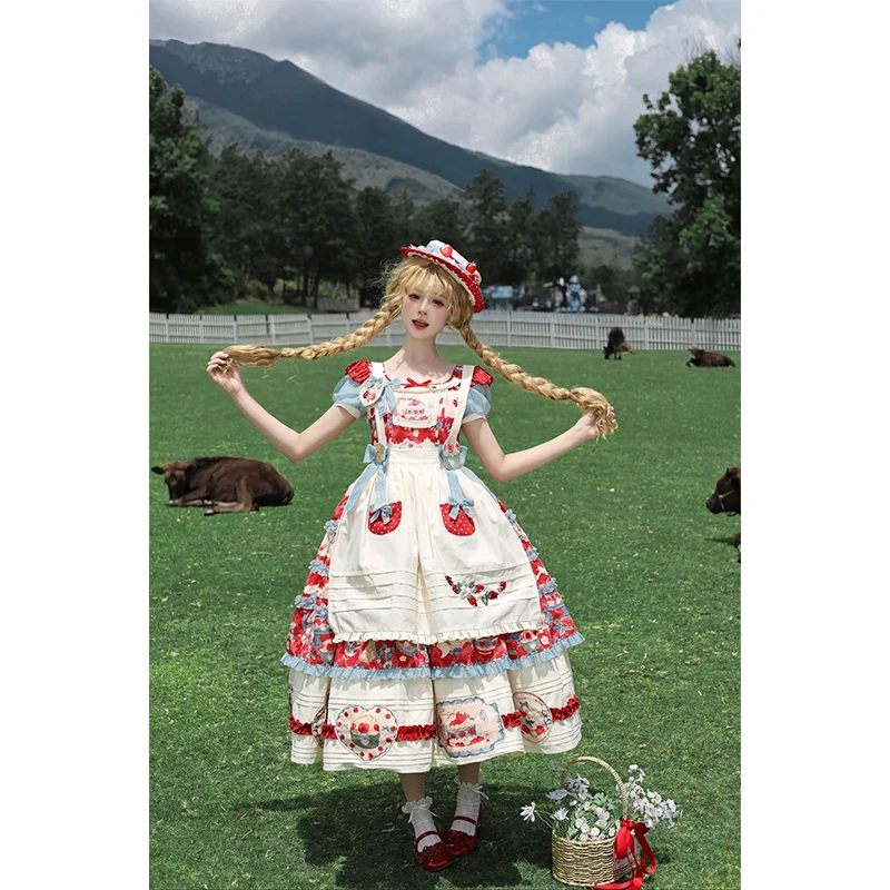 Lolita Print Japanese Original Round Neck Puff Short Sleeve Long Princess Dress +Apron+Heart Strawberry Embroidered Brooch