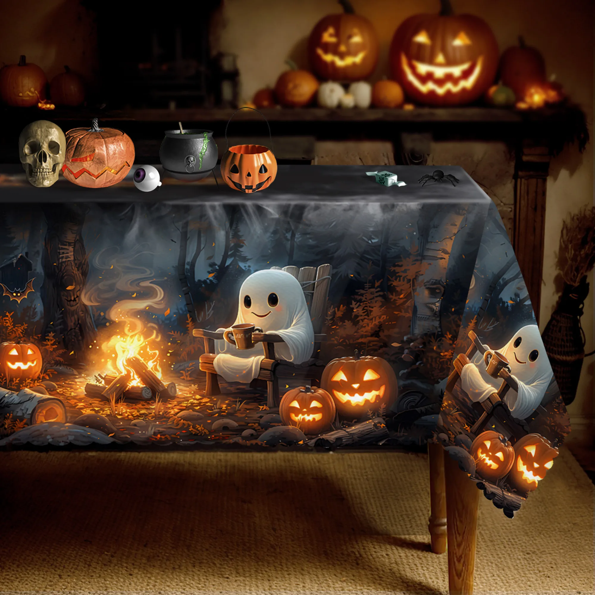 Halloween tablecloth - Cute ghost bonfire party decoration - Durable polyester fiber.PMJ